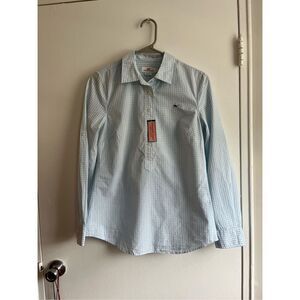 Vineyard Vines Womens Size 2 Blue and White Collar Button Long Roll Tab Sleeve B